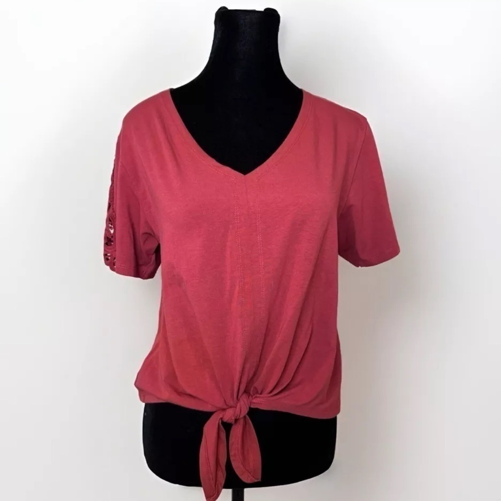 Ariat Top S Hillary Brick Red Tie Front Crochet Sleeve Western Country Festival